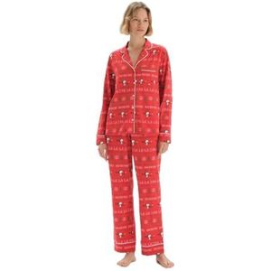 Dagi Ensemble pyjama en coton tricoté pour femme, col rond, manches longues, taille régulière, rouge, XS