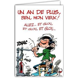 Verjaardagskaart 1 jaar ouder My Old GASTON LAGAFFE Fles Rode Wijn Humor Humor Cartoon - met geïllustreerde envelop 17,5 x 12 cm - Gemaakt in Frankrijk - GLCT-0237