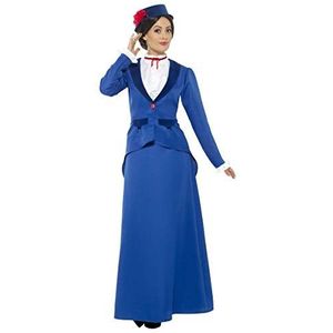 Smiffys Victoriaans Nanny kostuum, blauw, met jas met Mock Shirt, rok en hoed- Maat: S, Blauw