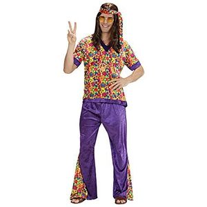 Widmann - Hippie Dude kostuum van fluweel, hemd, broek, hoofdband, bloemen, power, carnaval, party