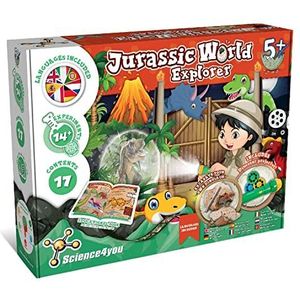 Science4you Jurassic World Explorer, dinosaurusspeelgoed voor kinderen vanaf 4 jaar, spel met 14+ ervaringen en handwerk: dinosaurus ei, figuur dinosaurus, vulkaan, zaklamp, projector, fossielen, 3538