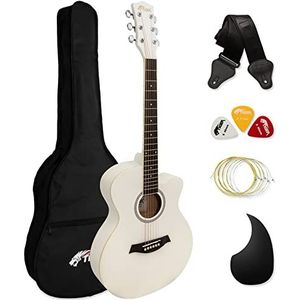 TIGER ACG1-WH34 Akoestische gitaar 3/4 met stalen snaren voor kinderen vanaf 9 jaar met tas, riem, reservesnaren en plectrums - wit - 6 maanden gratis les inbegrepen