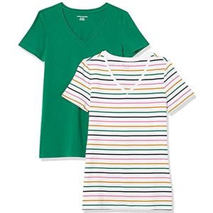 Amazon Essentials Dames-T-shirt, korte mouwen, V-hals, klassieke pasvorm, donkergroen/witte strepen, maat L