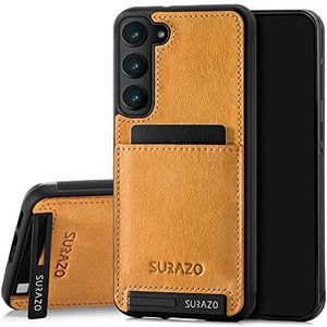 SURAZO Étui de protection arrière en cuir véritable de qualité supérieure pour Samsung Galaxy S23 Plus - Anti-chocs - Avec compartiment pour cartes, support, porte-clés - Vintage - Camel
