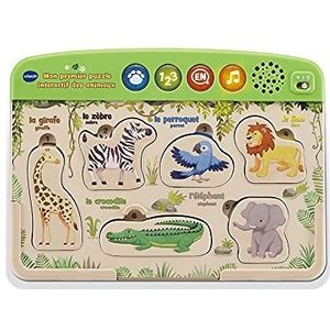VTech - Mijn eerste interactieve puzzel van dieren Play Green, kinderpuzzel gedeeltelijk van hout, 6 delen jungledieren, cadeau voor baby's, jongens en meisjes vanaf 18 maanden - inhoud in het Frans