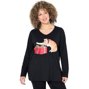 Ulla Popken Kerstshirt, kat, A-lijn, V-hals, lange mouwen, T-shirt voor dames, zwart.