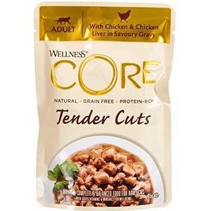 Wellness CORE Tender Cuts, natvoer voor katten, kleine stukjes saus, graanvrij, met hoog vleesgehalte, kip en kippenlever, 24 x 85 g