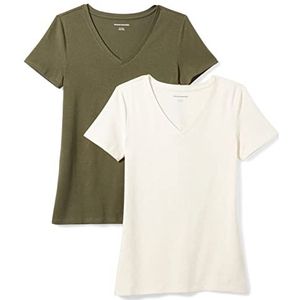 Amazon Essentials Set van 2 T-shirts voor dames met korte mouwen en V-hals, klassieke pasvorm, olijf/havermout gemêleerd, maat L