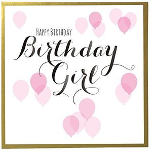 Claire Giles Verjaardagskaart met schrijfveer, ballonnen, roze