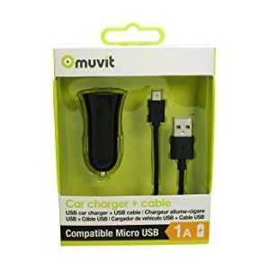 muvit Spring Pack autolader, 1 USB, 1 A, micro-USB-kabel, 1 m, 1 A, zwart