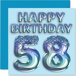 Verjaardagskaart voor heren 58e verjaardag - blauwe glitterfeestballon - verjaardagskaarten voor 58e man, oom, opa, opa, opa, opa, opa, opa, opa, opa, opa, opa,