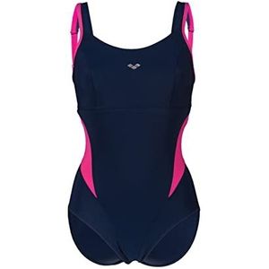 arena Solid Swim Tech High damesbadpak van chloorbestendig MaxLife-materiaal met uv-beschermingsfactor 50+, marineblauw/roze/paars