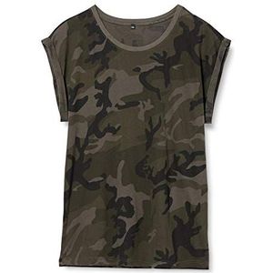 Build Your Brand Extended Shoulder dames T-shirt camouflage patroon in 2 camouflage varianten maten XS tot 5XL, Donkercamouflagepatroon