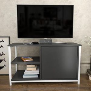 Hanah Home Élégant support TV, blanc et anthracite, 89,6 x 35,3 x 50,8 cm, panneau en particules 100% mélamine, épaisseur 18 mm, cadre en métal robuste, design moderne pour salon