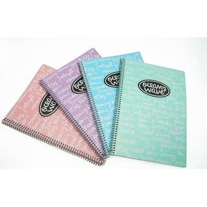 Ocean's Wave Set van 4 A4-schoolschriften met hardcover - Folioblad met 80 vellen, 90 g, A4-notitieboek met 4 x 4 raster, rand en zwarte metalen spiraalbinding, kleur New