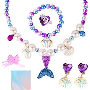 AYNKH Zeemeermin sieradenset voor meisjes met geschenkdoos, halsketting, schelp, armband, oorbellen, ring voor prinsessenkostuum, feest, kerst- of verjaardagscadeau