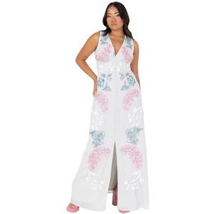 Maya Deluxe Lange mouwloze jurk met V-hals en bloemenpailletten en split aan de voorkant voor bruiloftsgasten, damesjurk (1 stuk), Lichtgrijs