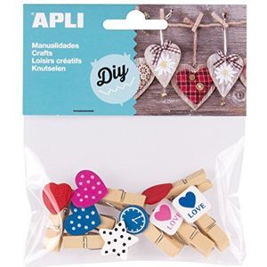 APLI 14784 - 8 houten mini-knijpers in verschillende vormen en kleuren om te knutselen