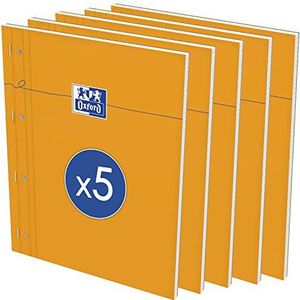 OXFORD 5 stuks notitieblokken, geperforeerd, oranje, A4+, grote ruiten, Seyès, 80 vellen, zijdelings geniet, omslagblad gecoat, oranje