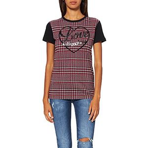 Love Moschino Dames shirt met korte mouwen met digitale tartan print en bladprint, zwart.