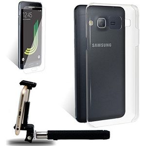 Beschermhoes voor Samsung Galaxy J3 2016, incl. displaybeschermfolie van gehard glas en selfie-stick, Bluetooth, zwart