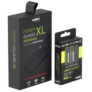 VERICO PowerBank PowerGuard XL externe batterij 20.000 mAh uitgang 2 x USB A-ingang 1 x micro-USB 1 x USB-C + VERICO LoopEnergy 2 x AAA 900 oplaadbare USB-C batterij AAA 1,5 V 900 mWh 600 mAh
