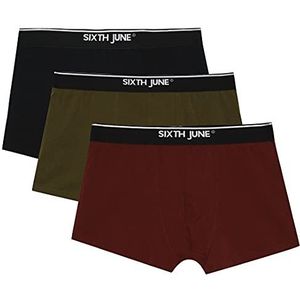 SIXTH JUNE - 3 stuks boxershorts voor heren - elastische band - nauwsluitende pasvorm - 95% katoen, 5% elastaan, zwart/kaki/wijnrood