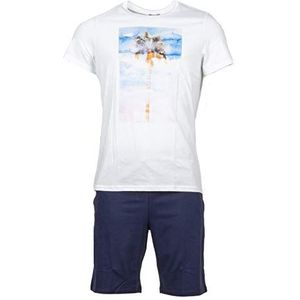 Hom Island Short Sleepwear Pijamaset voor heren, Hoogte: Wit met palmprint, bodem: marineblauw