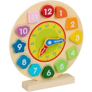 Relaxdays Leerklok, houten leerklok, leerklok voor kinderen vanaf 3 jaar, cijfers en vormen, meerkleurig