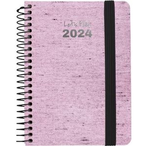 Grafoplás | Spiraalagenda klein 2024 A6| Ecojeans roze | Spaans | Dag Pagina | 10,5 x 16,5 cm | Spiraal | Hard Deksel Gevoerd Denim | Elastische sluiting | Perfect voor het plannen van je