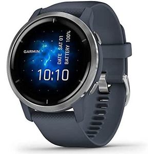Garmin Venu 2 GPS-smartwatch met AMOLED-display, lange batterijduur (10 dagen) – zilver met blauw-grijze armband – behuizing 45 mm (gereviseerd), Slate & Grafiet, Komt 2