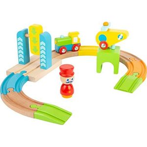 Small Foot - 11493 spoorwegset van hout, met locomotief en helikopter, in levendige kleuren, voor kinderen vanaf 1 jaar, speelgoed, 11493, meerkleurig