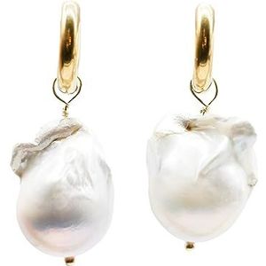Feliss Gouden creolen met barokke parelhanger - Gouden oorbellen voor dames met echte zoetwaterparels - Esthetische sieraden, parel, Parel