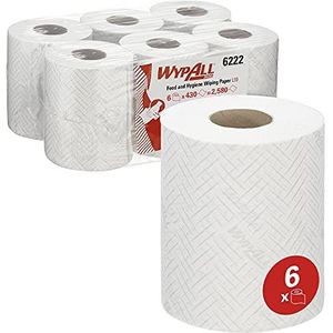 WypAll L10 hygiënische en levensmiddeloppervlakken 622 – wisdoek voor droog reinigen, 1 dikte, 6 witte spoelen met centrale verwijdering, 430 papieren doekjes (2580 totaal)