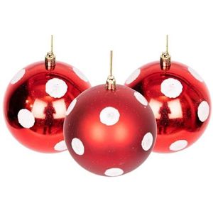 6 stuks kerstballen met rode en witte stippen, 10 cm, kerstversiering om op te hangen, glanzend, mat, glinsterend