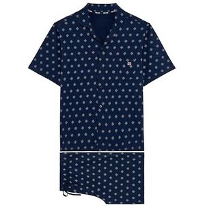 Hom Korte pyjama Indio pyjamaset voor heren, Print kleine bloem/ster roze en blauwe achtergrond marine, XL