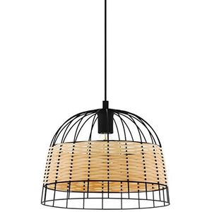 EGLO Anwick Hanglamp, 1-vlammige hanglamp in vintage- en bohostijl, hanglamp van staal en rotan, eettafellamp, woonkamerlamp, hangend in zwart, naturel, E27-fitting, diameter 37 cm