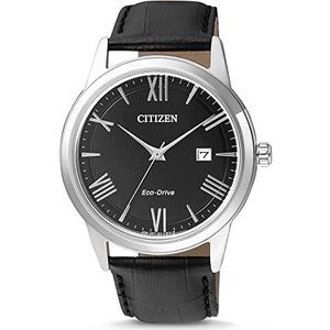 CITIZEN Analoog herenhorloge, staal, leren armband, zilver, 40 mm, zwart., armband