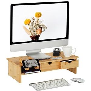 Relaxdays, Natuurlijke bamboe schermstandaard, 2 laden, mobiele telefoonhouder, 14 x 54 x 23 cm (h x b x d), verhoogd bureauscherm