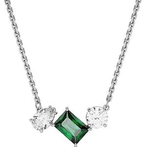 Swarovski Mesmera halsketting, versierd met drie kristallen van verschillende grootte, twee kleurloze stenen en een groene middensteen, van gerhodineerd metaal