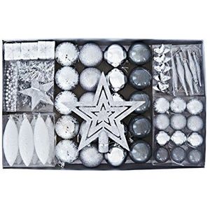 Heitmann Deco 60-delige kerstboomdecoratieset, zilver, met dennenpunt, ballen, parelketting, slinger en sterren, kunststof