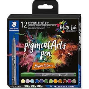 STAEDTLER Brush Pen Pigment Arts, hoogwaardige pigmentinkt, penseelpunt voor variabele lijnbreedte, waterdicht, 12 penselen in verschillende natuurlijke kleuren in etui