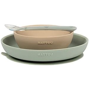 Nattou Siliconen maaltijdset voor kinderen, 3-delig, 1 lepel, 1 bord, 1 kom, antislip, BPA-vrij, siliconen, beige/groen