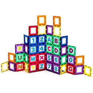 Playmags Bouwset met 36 magnetische tegels: exclusieve Clickins educatieve set bevat 18 supersterke magnetische vensters in lichte kleuren en 18 letters en cijfers - stimuleert creativiteit en
