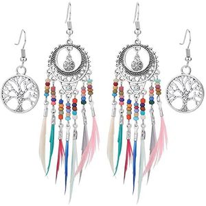 2 paar boho oorbellen set veer franje levensboom hanger oorbellen etnische vintage kleurrijke stijl oorbellen voor vrouwen meisjes metaal, Metaal