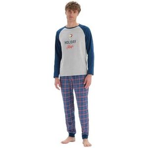 Dagi Ensemble pyjama pour homme, col rond, manches longues, en coton tricoté, taille régulière, indigo, XXL