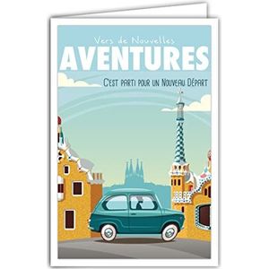 Afie 69-4341 Kaart vertrek naar nieuwe avonturen met envelop, mini-poster, formaat 17 x 11,5 cm, pensioen, verhuizing, verandering, reizen, Barcelona, Spanje, auto, retro, vintage, blauw