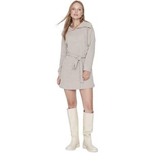 Trendyol Woman Mini A-Line Crew Neck Knit Dress Robe Femme, Beige, S