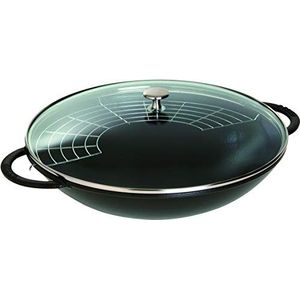 STAUB Wok van gietijzer met glazen deksel en afneembaar rooster inbegrepen, Ø 37 cm, 5,7 l, mat zwart