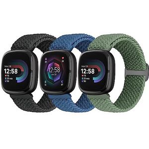 3 stuks gevlochten armbanden compatibel met Fitbit Versa 4 / Fitbit Sense 2 / Fitbit Versa 3 / Fitbit Sense armband voor dames en heren van zacht nylon en elastisch Sport Solo Loop reservearmband,